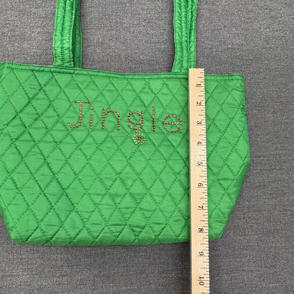 Quacker Factory Quilted Christmas Festive Beading Jingle Green Tote w Pink Polka - Picture 4 of 9